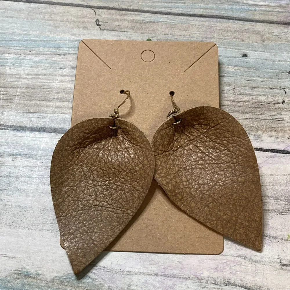 Tan Leather Leaf‎ Pinched EARRINGS Large dangle